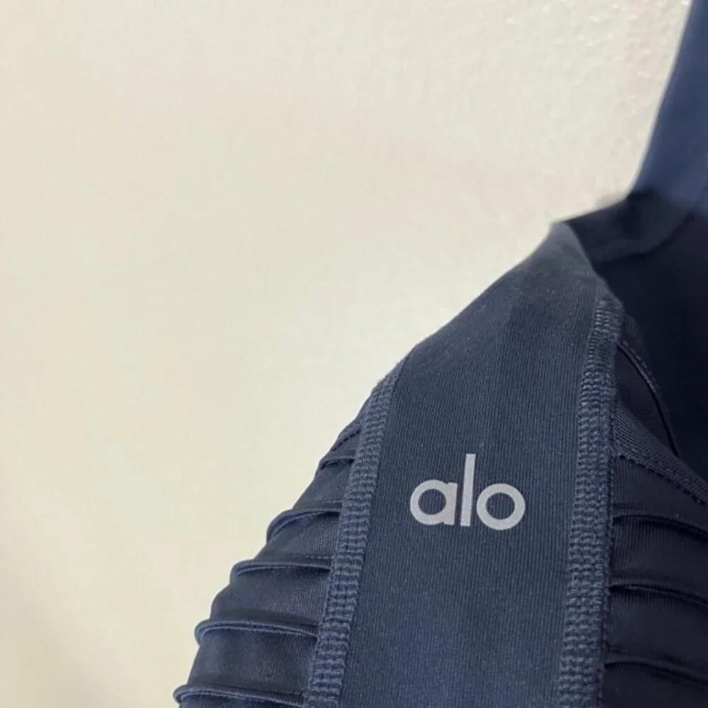 ALO Yoga Leggings Womens Small Moto Blue Gray Mesh Panel Logo Gym Workout - Picture 6 of 6